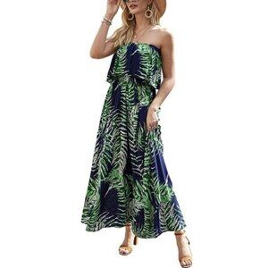 Vidarton strapless tropical leaf maxi dress size small